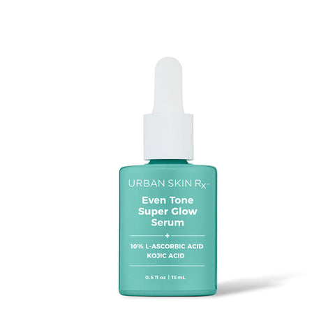 .5 ounce light blue bottle of Urban Skin RX Even Tone Super Glow Serum against a white background