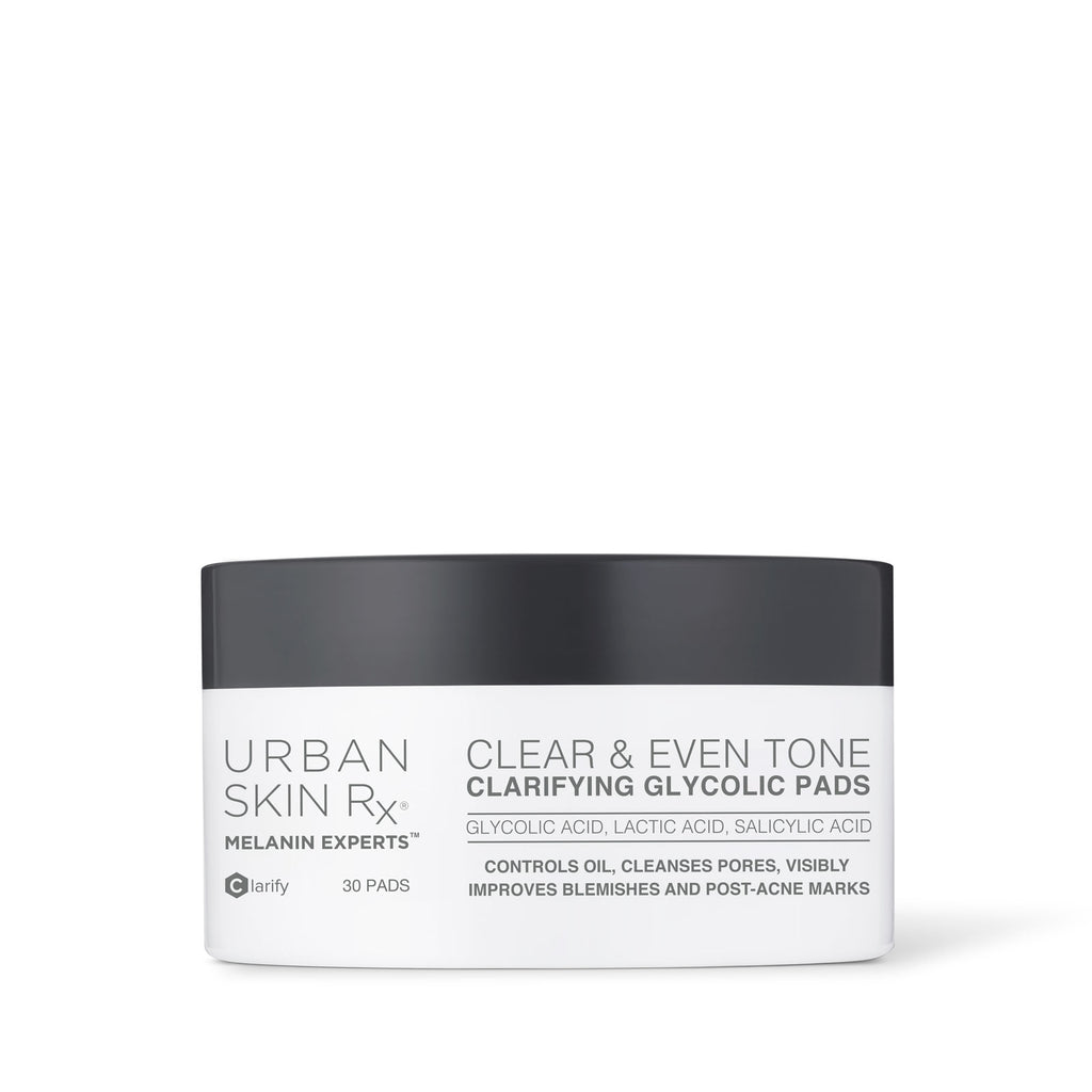 Jar of USRX Clear & Even Tone Clarifying Glycolic Pads on white background