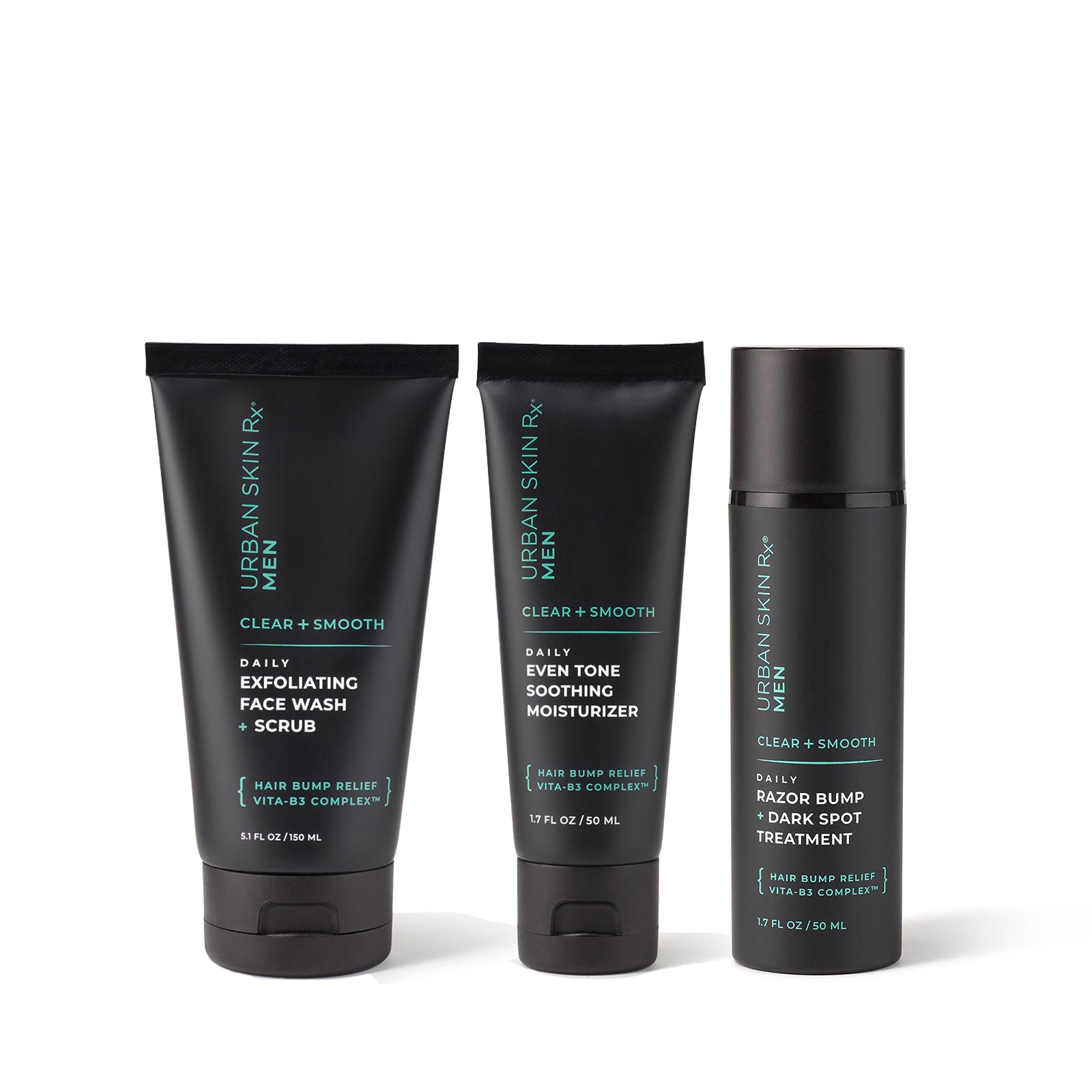 Urban Skin RX Men's Products including Exfoliating Face Wash, Even Tone Soothing Moisturizer, and Razor Bump + Dark Spot Treatment