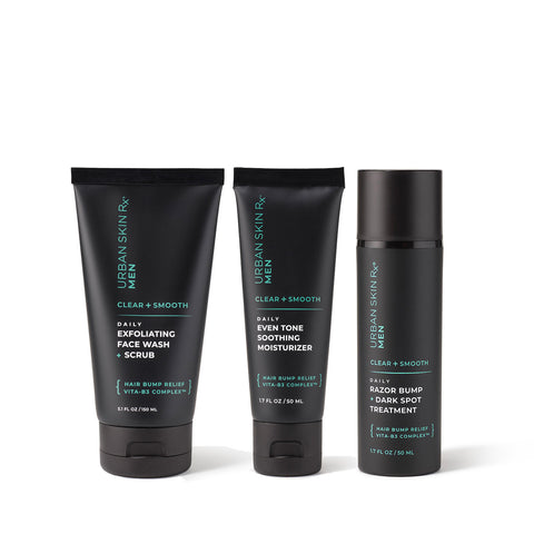 Urban Skin RX Men's Products including Exfoliating Face Wash, Even Tone Soothing Moisturizer, and Razor Bump + Dark Spot Treatment