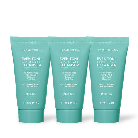 Three bottles of Urban Skin Rx Even Tone Gentle Gel Cleanser on a white background