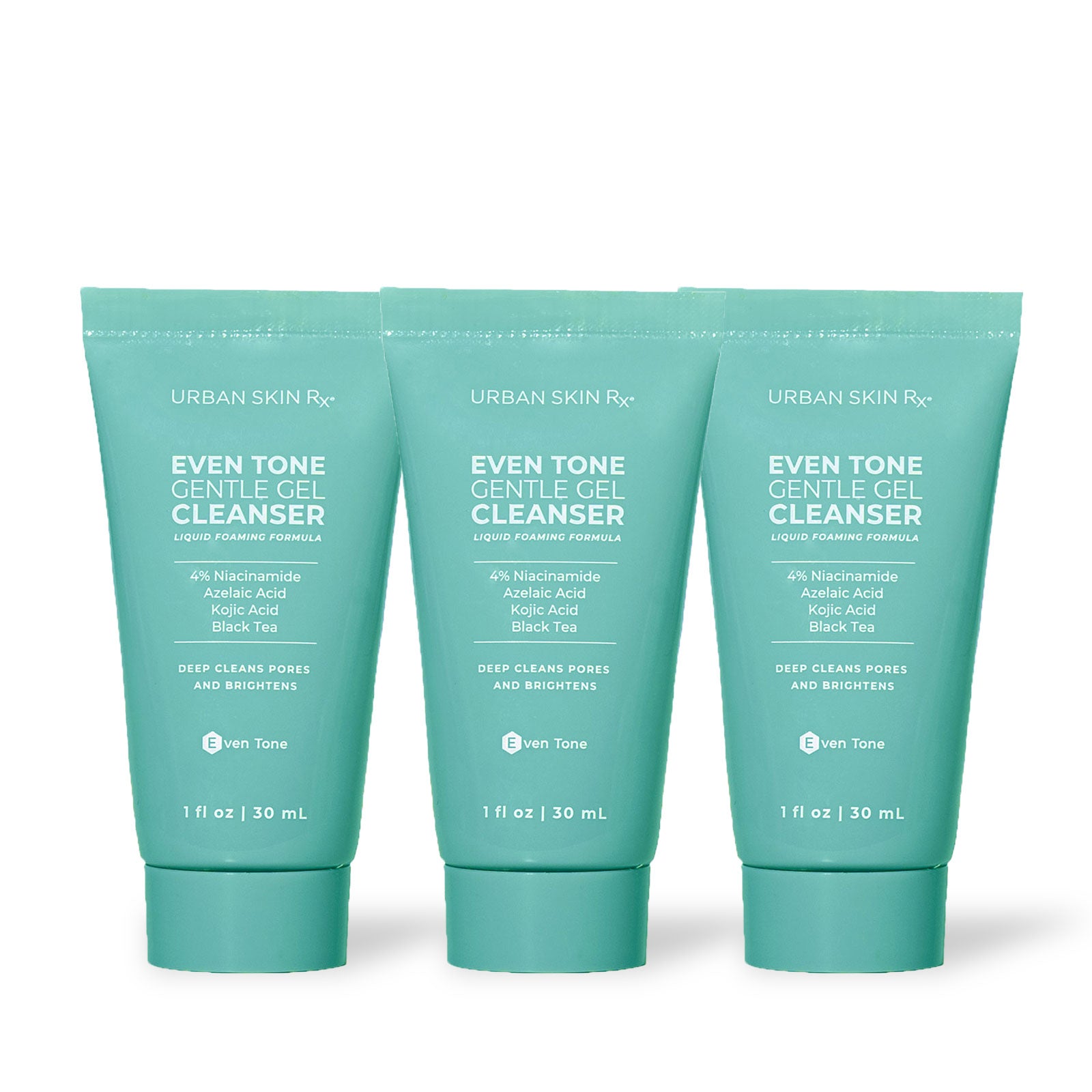 Three bottles of Urban Skin Rx Even Tone Gentle Gel Cleanser on a white background