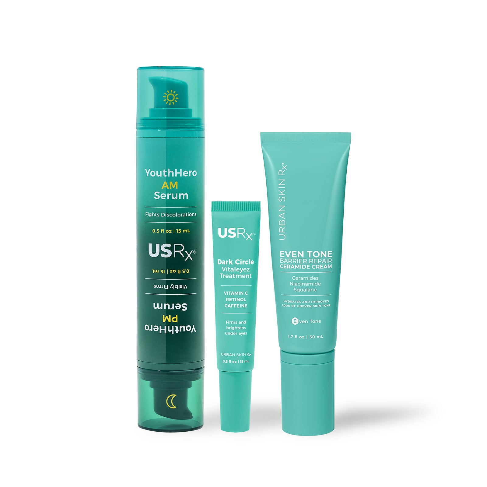 PM Glow Trio, three skincare products from Urban Skin Rx on a white background