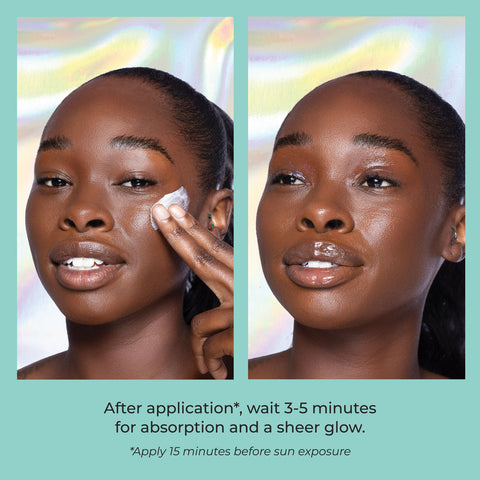 Woman before and after applying Urban Skin RX SheerGlow Even Tone Daily Defense Mineral Moisturizer to her face