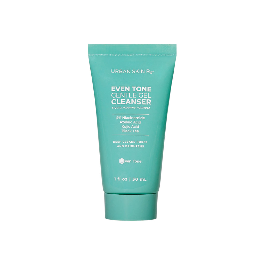 Mini Bottle of Urban Skin RX Even Tone Gentle Gel Cleanser on white background

