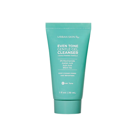 Mini Bottle of Urban Skin RX Even Tone Gentle Gel Cleanser on white background
