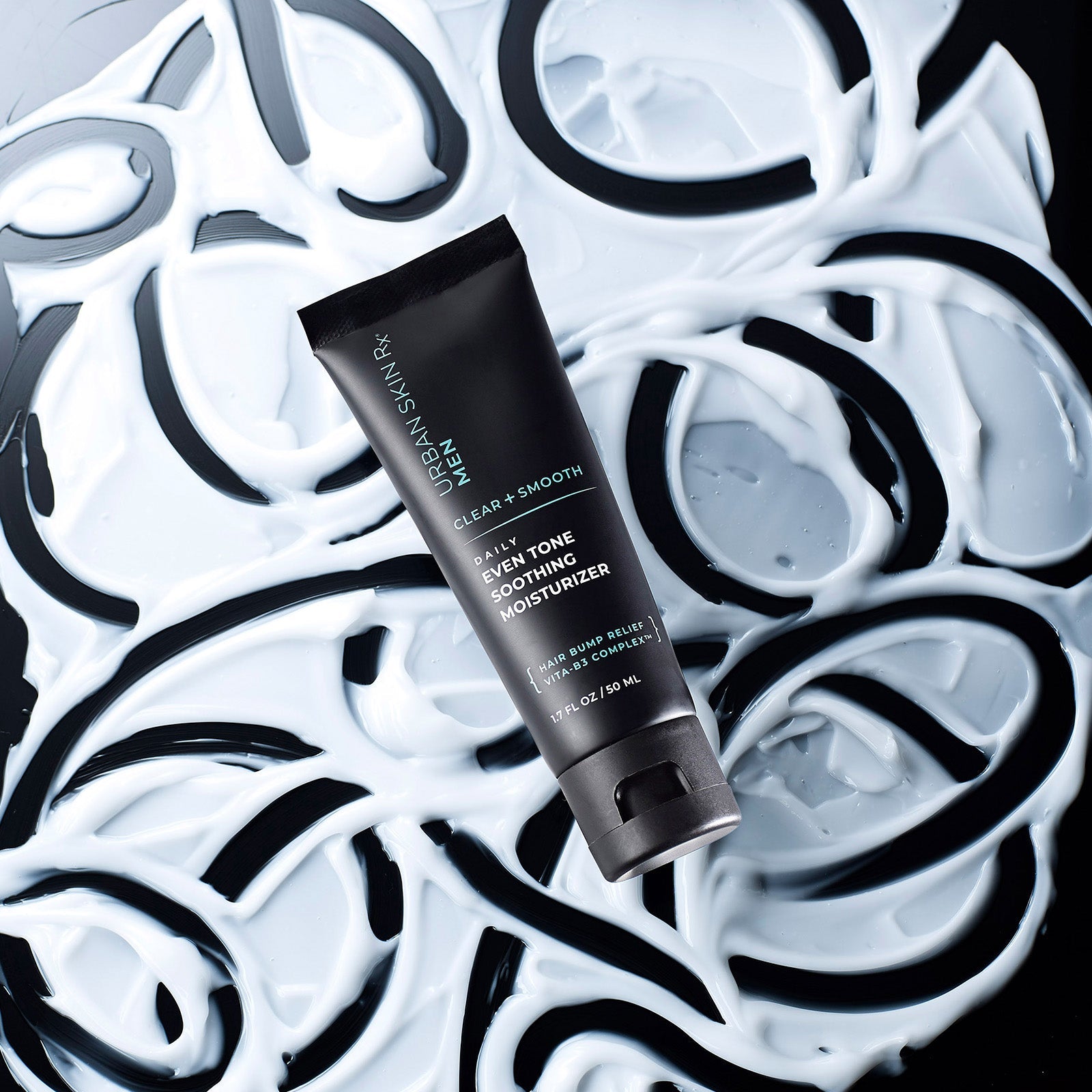 Bottle of Urban Skin RX Even Tone Soothing Moisturizer against black and white background